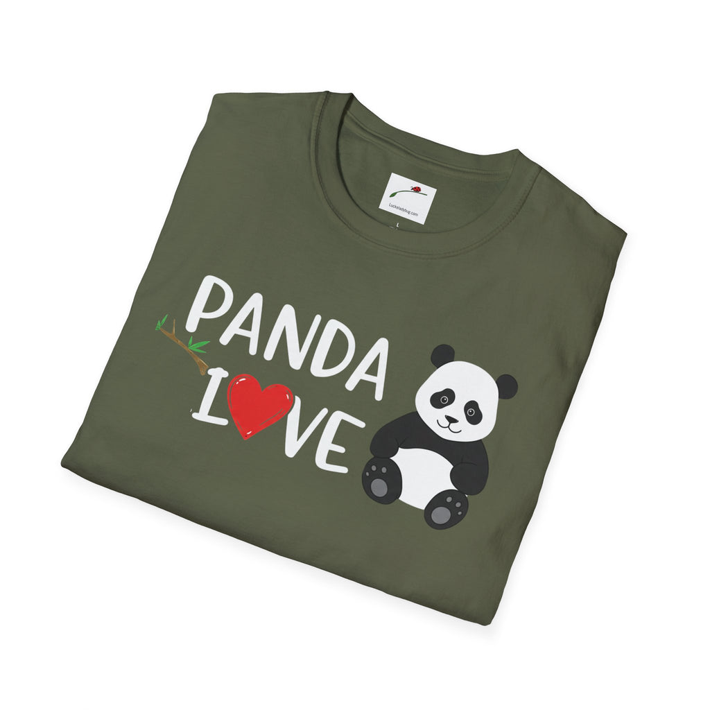 LuckeLadybug softstyle panda love shirt in olive green with cute panda and heart design