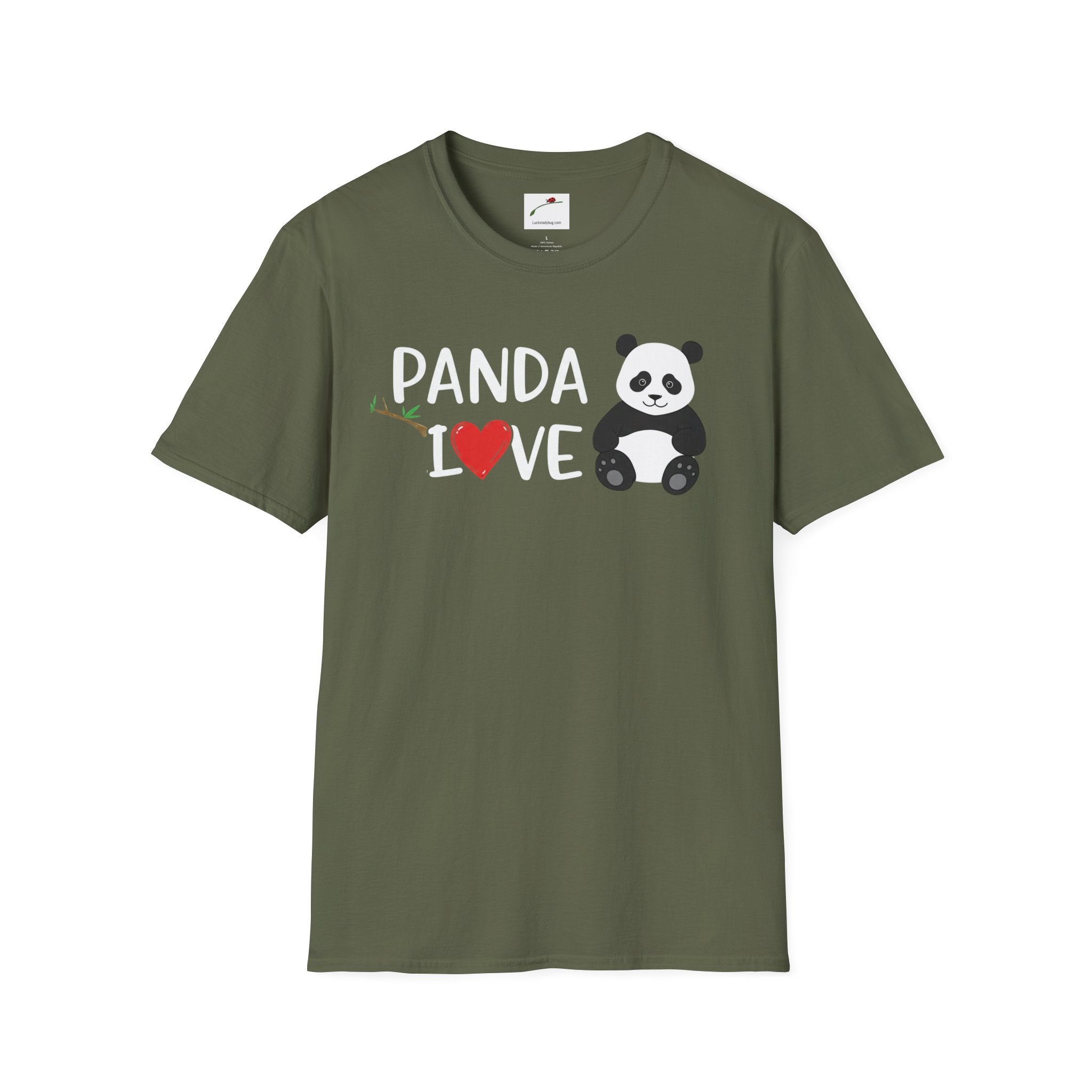 LuckeLadybug softstyle panda love shirt in olive green with cute panda graphic and heart design