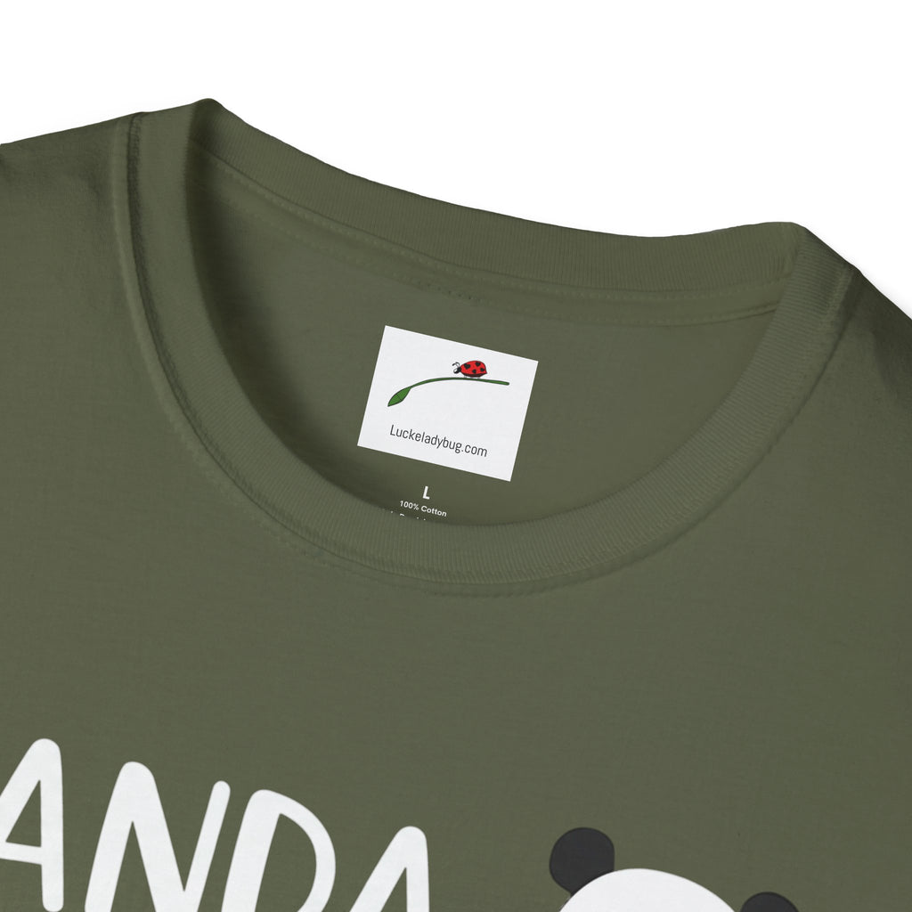 LuckeLadybug softstyle panda love shirt in olive green with rounded neckline and panda graphic