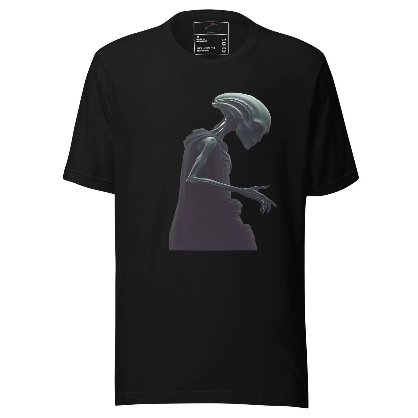 LuckeLadybug black cotton Space Invader alien men’s t-shirt featuring eerie side profile alien graphic