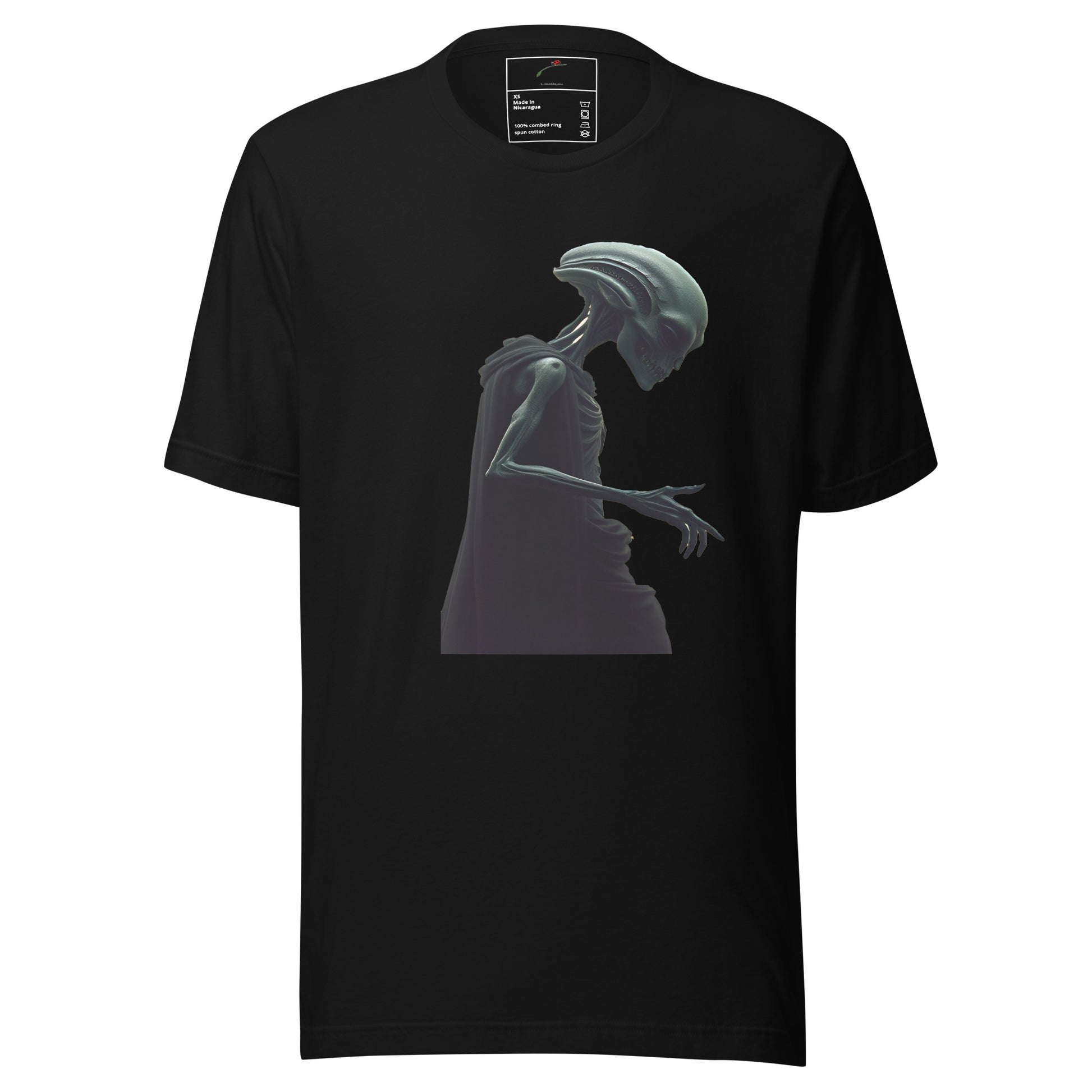 LuckeLadybug black cotton Space Invader alien men’s t-shirt featuring eerie side profile alien graphic