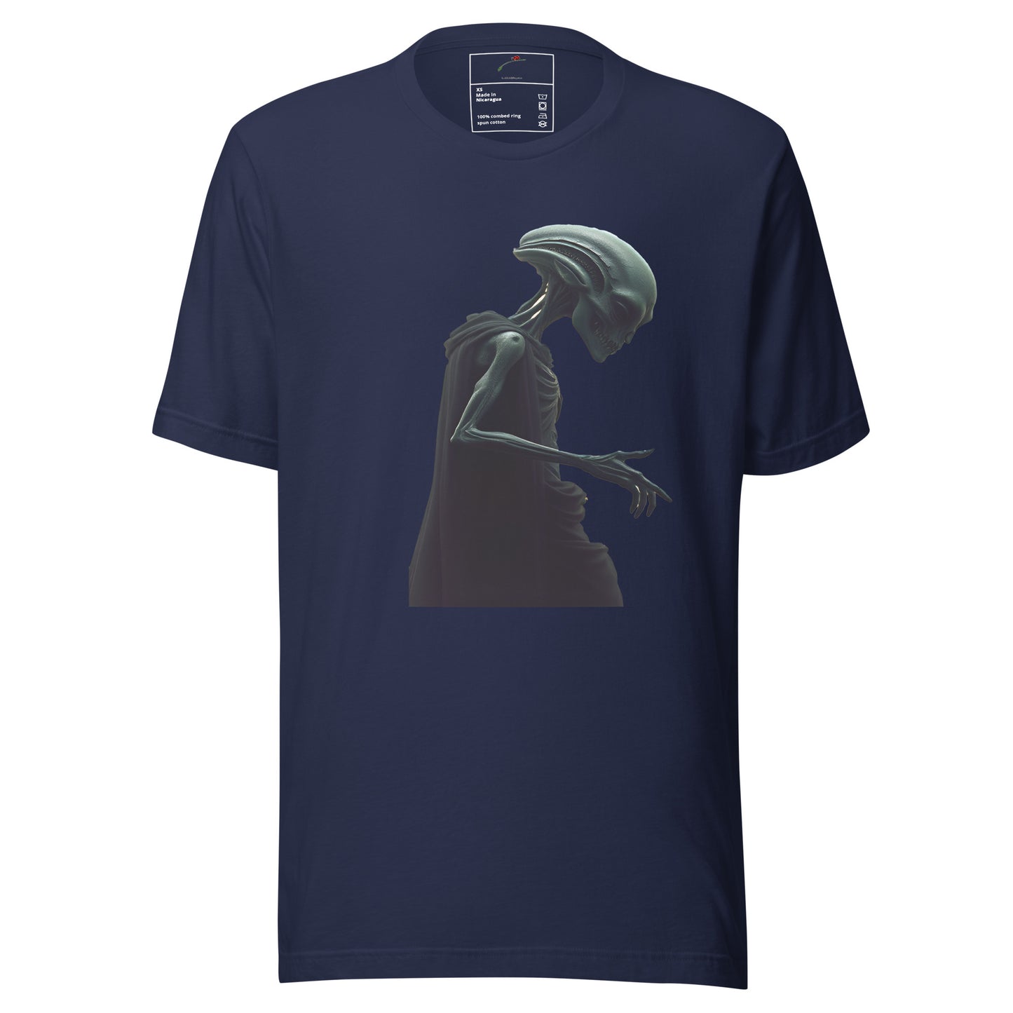 LuckeLadybug navy cotton tee with green alien profile graphic Space Invader alien men’s t-shirt for sci fi fans
