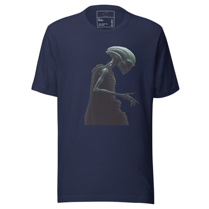 LuckeLadybug navy cotton tee with green alien profile graphic Space Invader alien men’s t-shirt for sci fi fans
