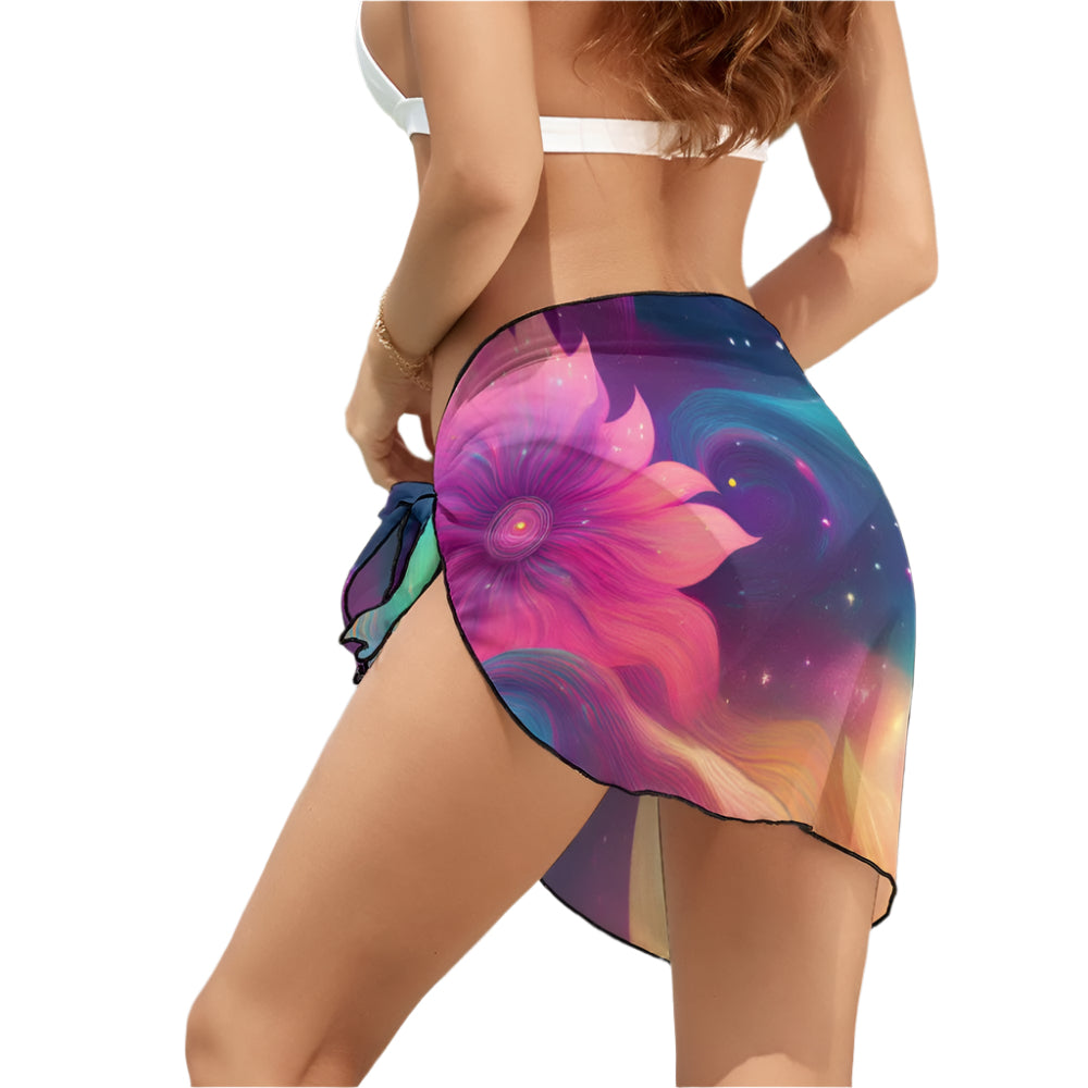 space print beach skirt wrap featuring vibrant cosmic flower design on lightweight fabric
