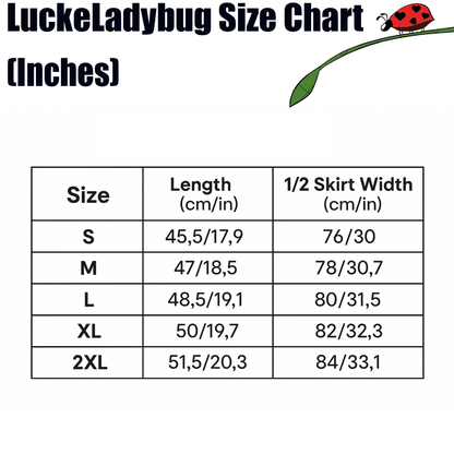 LuckeLadybug size chart in inches listing length and half skirt width for sizes S to 2XL