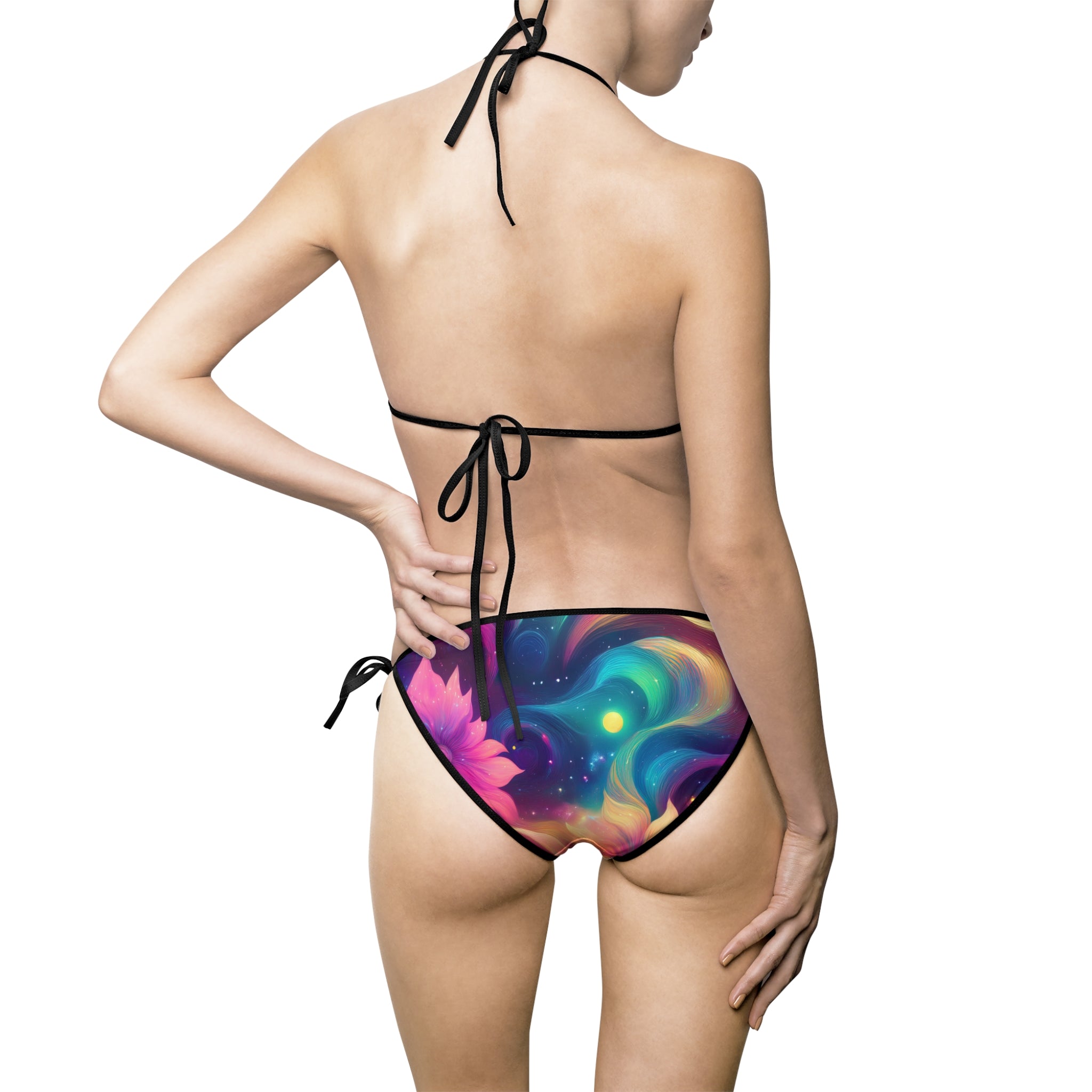 Back view of space print bikini for girls featuring colorful galaxy design and black trim