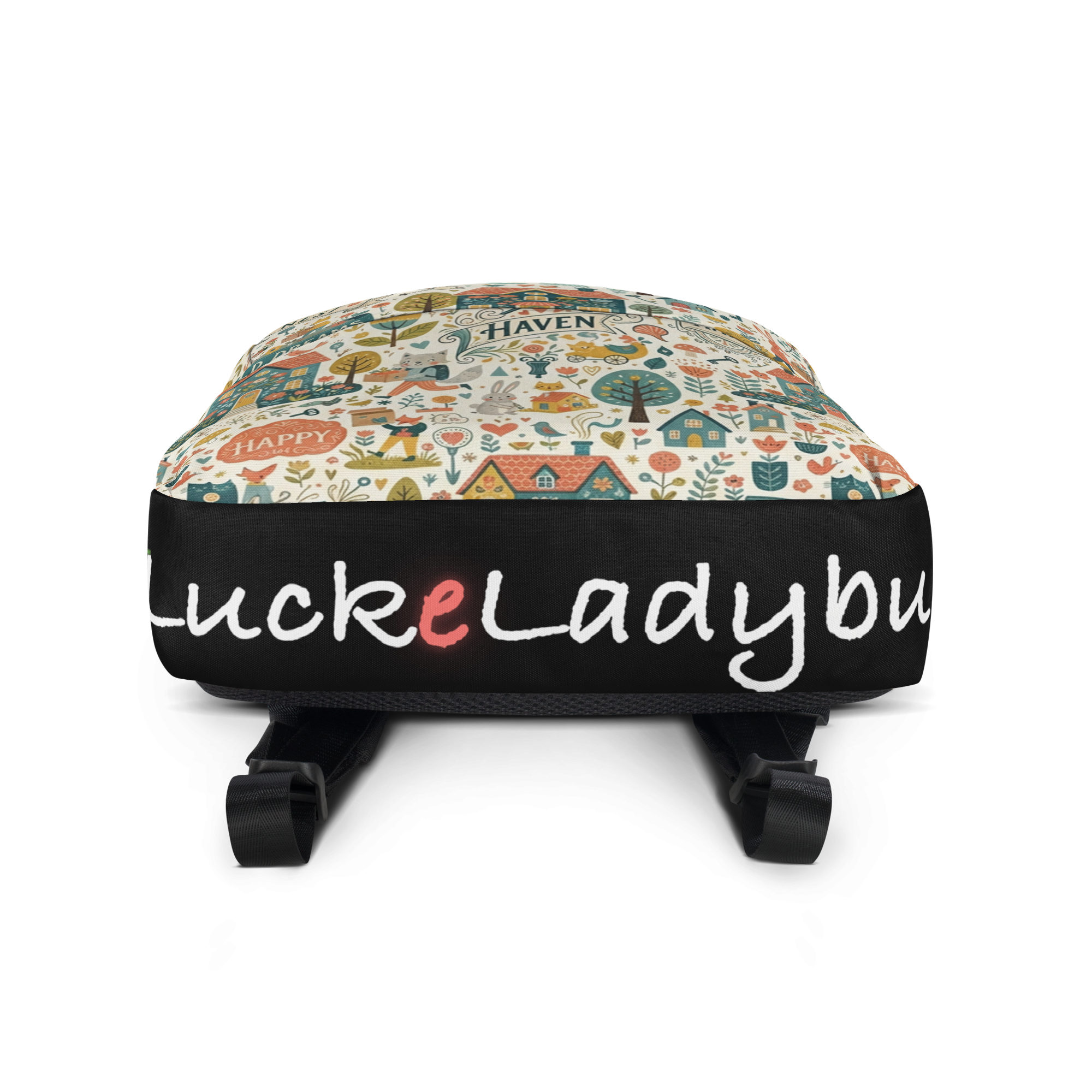 LuckeLadybug LLC sprayground backpack with colorful design featuring houses and trees