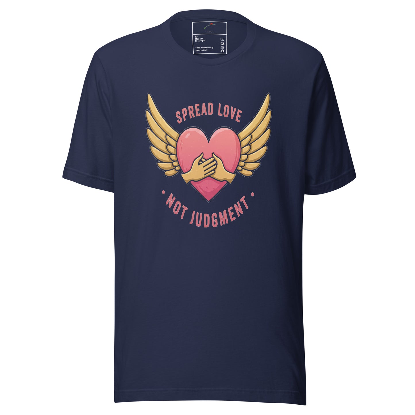 LuckeLadybug navy crew neck tee with heart hugging hands and wings graphic spread love not judgment t-shirt