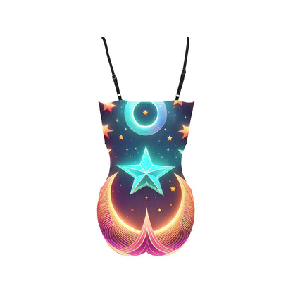 LuckeLadybug one piece stars and moons swimsuit with neon celestial print and adjustable straps