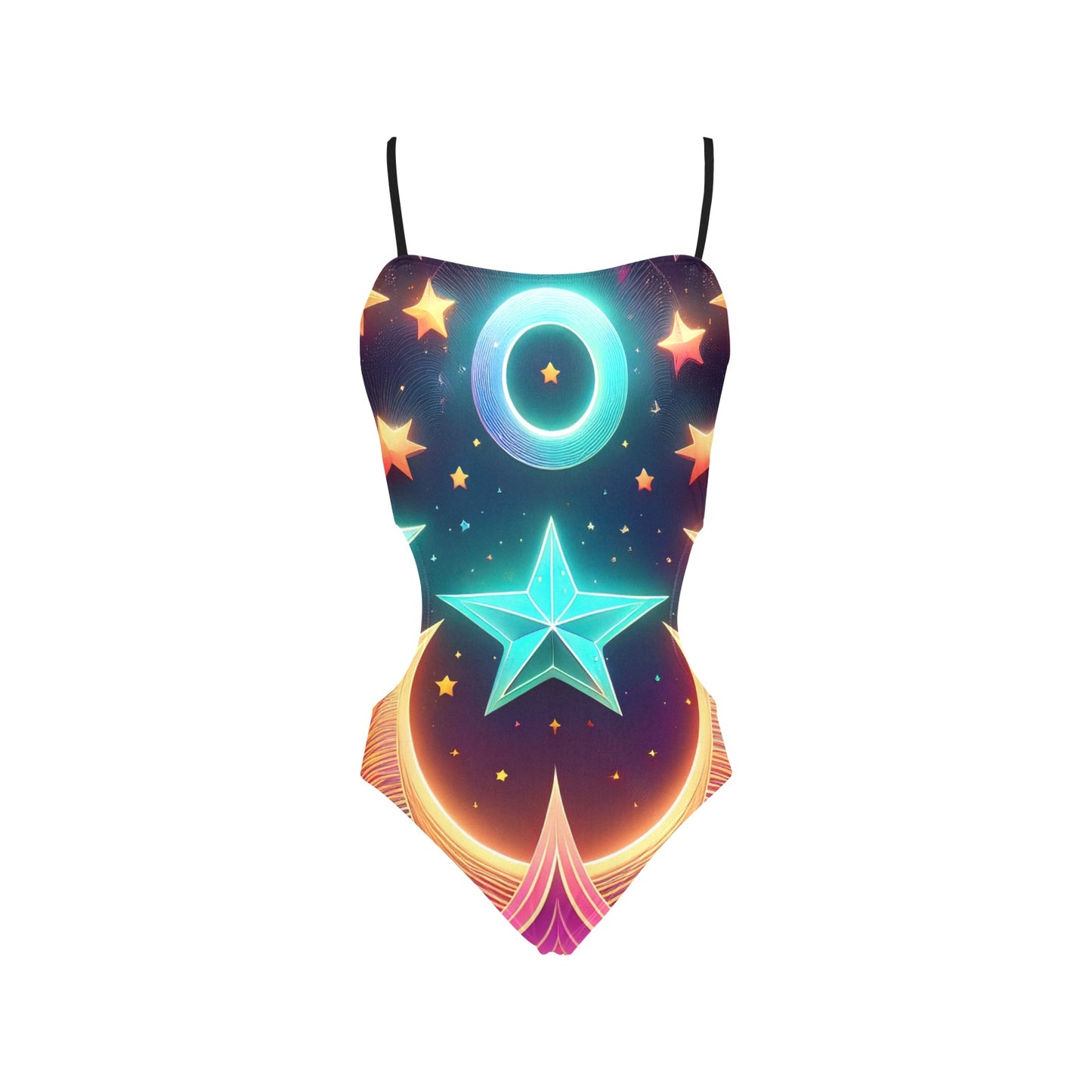 LuckeLadybug one piece stars and moons swimsuit with neon celestial star moon print and thin straps