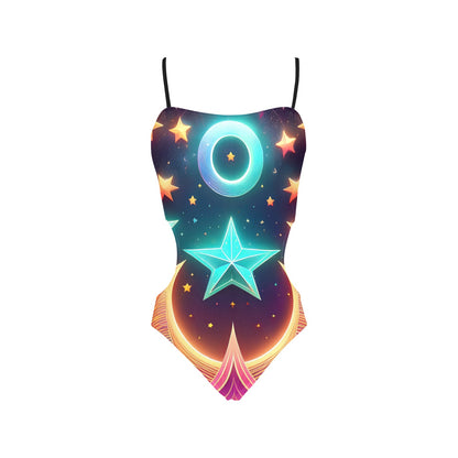 LuckeLadybug one piece stars and moons swimsuit with neon celestial star moon print and thin straps