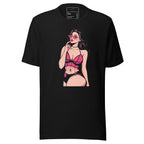 LuckeLadybug black cotton tee with pink pinup illustration statement graphic t-shirt for women