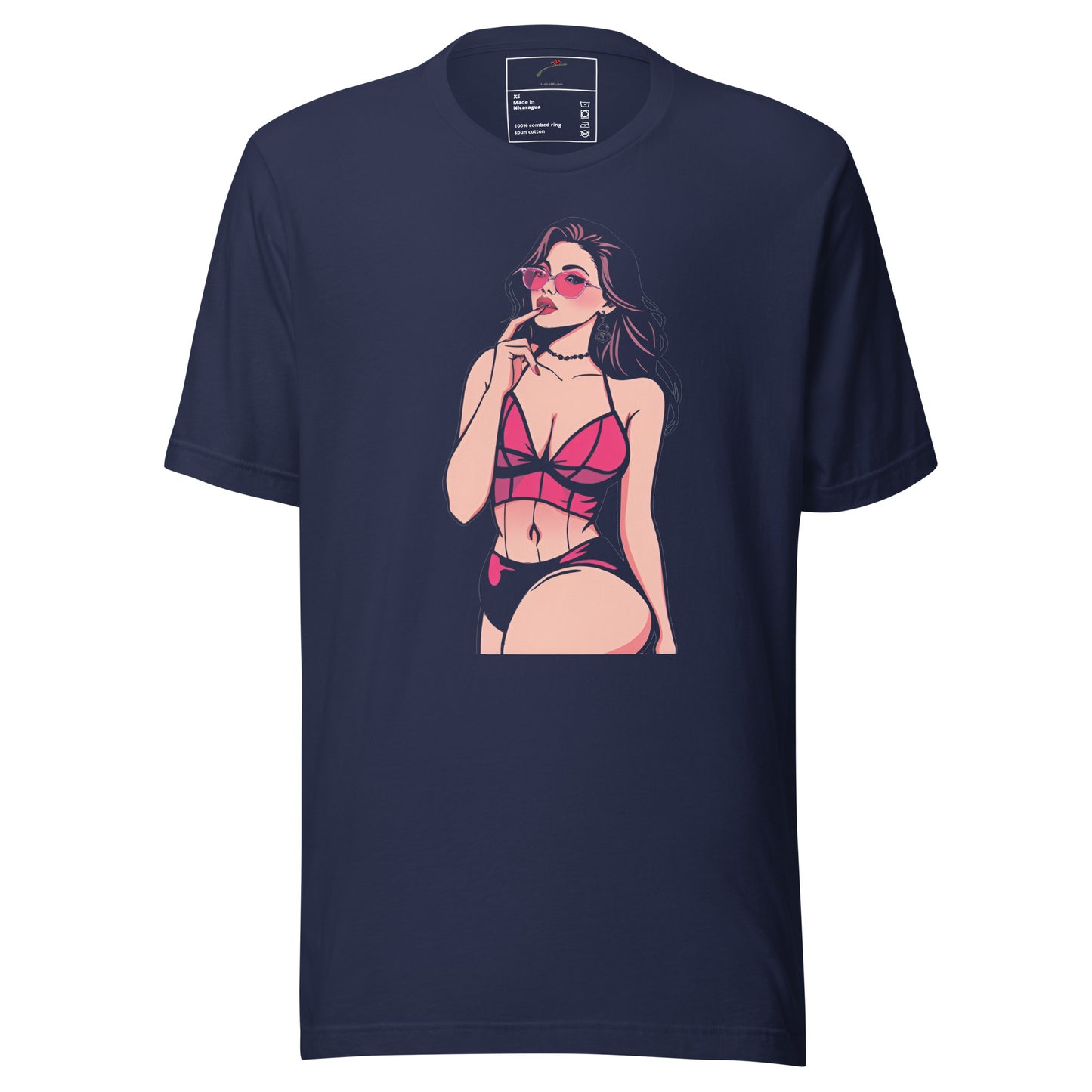 LuckeLadybug navy tee featuring illustrated woman in pink bikini with sunglasses playful print statement graphic t-shirt for women