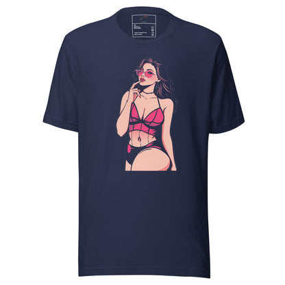 LuckeLadybug navy tee featuring illustrated woman in pink bikini with sunglasses playful print statement graphic t-shirt for women