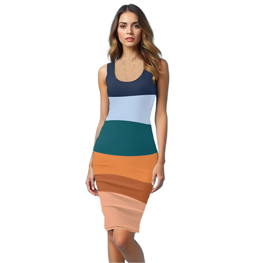 Luckeladybug striped bodycon dress tank style with navy blue, light blue, green, orange, and peach color blocks