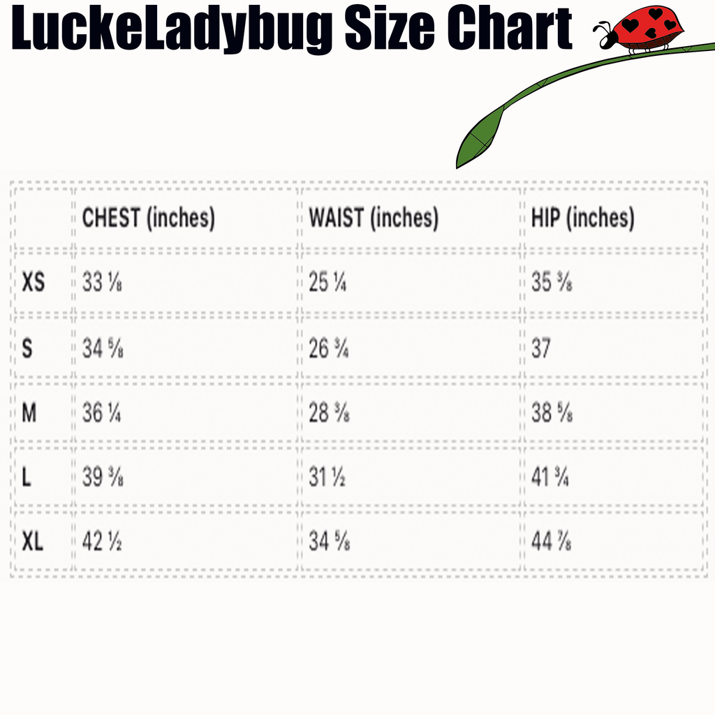 Luckeladybug size chart showing chest waist and hip measurements for striped bodycon dress in sizes XS to XL