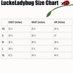 Luckeladybug size chart showing chest waist and hip measurements for striped bodycon dress in sizes XS to XL