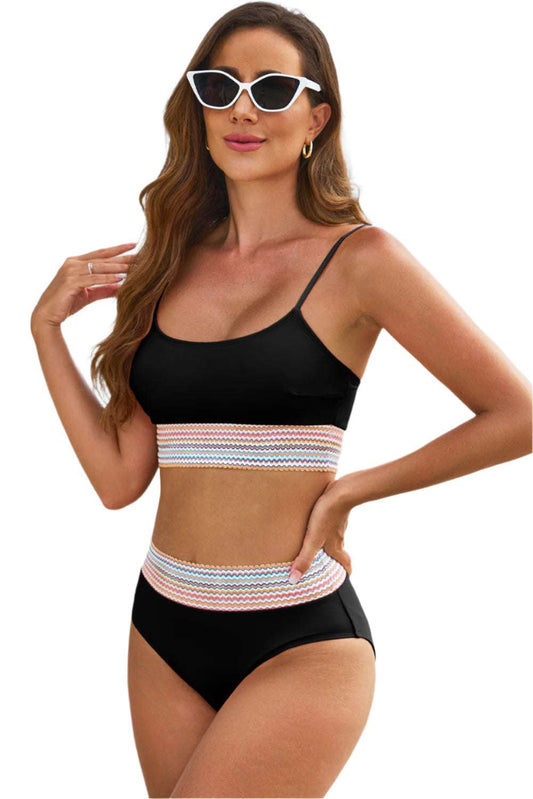Striped patchwork swimsuit for women by LuckeLadybug LLC featuring black bikini with colorful striped bands