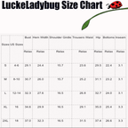 Size chart for LuckeLadybug striped patchwork swimsuit for women with measurements for bust, hem width, shoulder, waist, hip, bottoms, and inseam