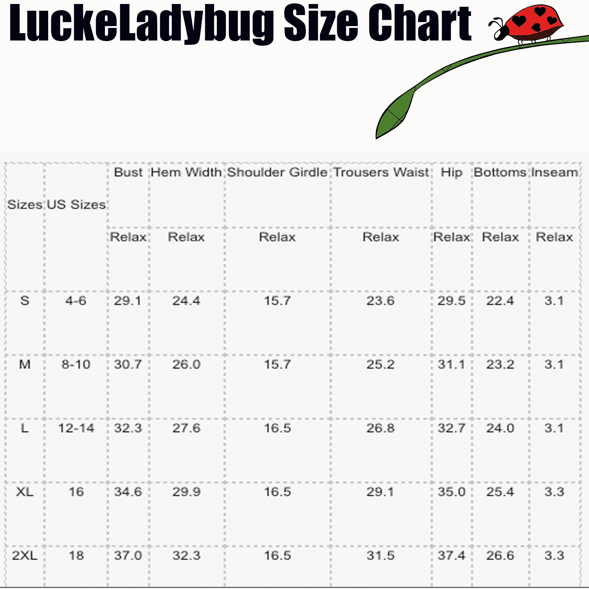 Size chart for LuckeLadybug striped patchwork swimsuit for women with measurements for bust, hem width, shoulder, waist, hip, bottoms, and inseam