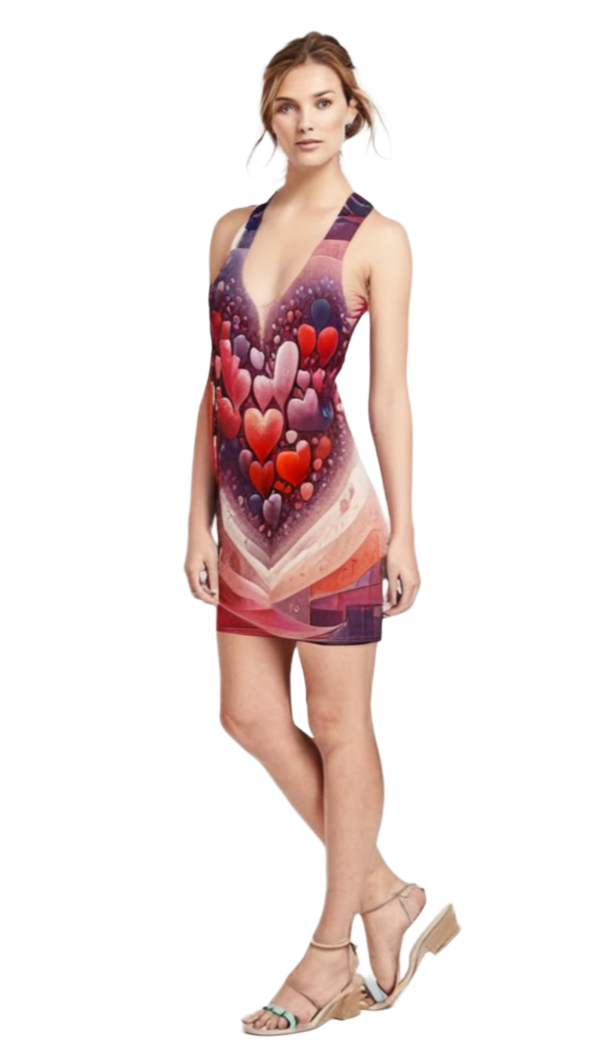 Stylish summer racerback dress with vibrant heart pattern and deep V neckline by luckeladybug