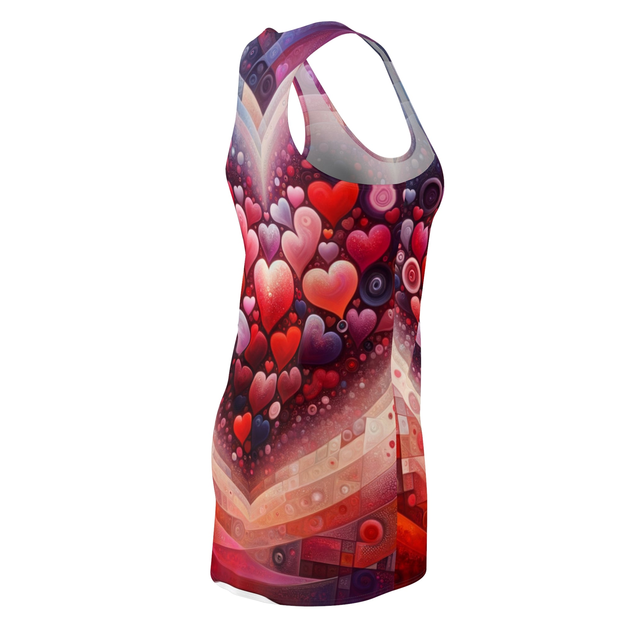 LuckyLadyBug stylish summer racerback dress featuring vibrant heart pattern in red and purple tones