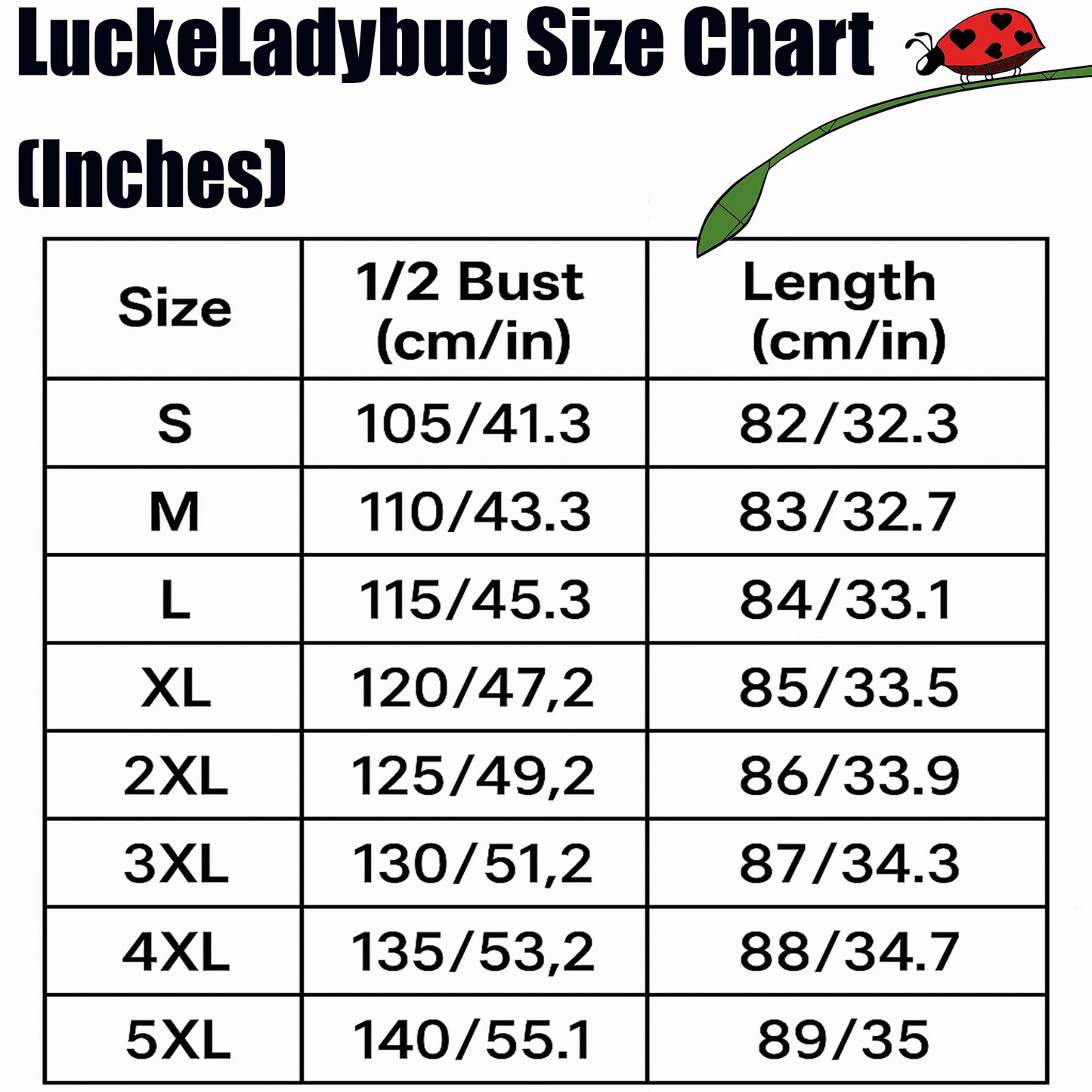 Size chart for LuckeLadybug summer floral beach dress showing bust and length measurements in inches and centimeters