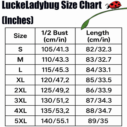 Size chart for LuckeLadybug summer floral beach dress showing bust and length measurements in inches and centimeters