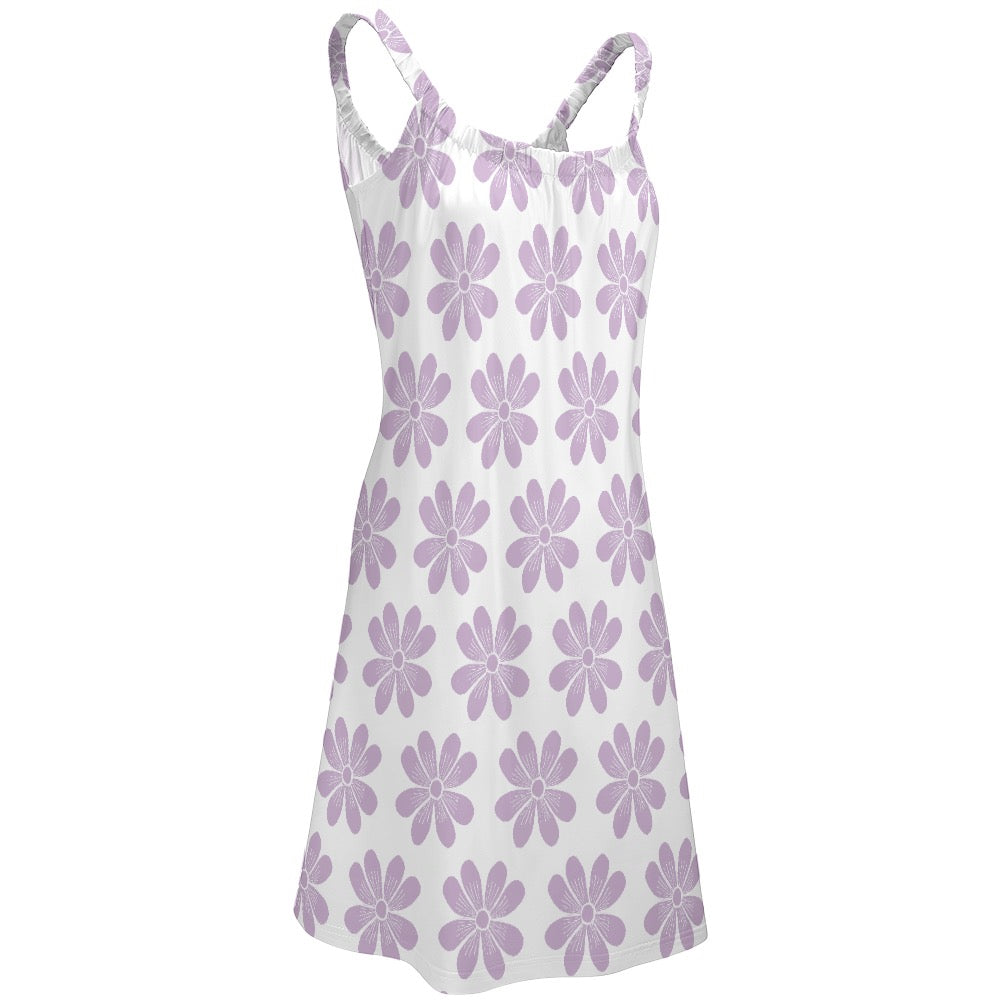 summer floral beach dress with purple flower pattern and adjustable straps