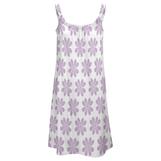 summer floral beach dress with purple flower pattern and spaghetti straps