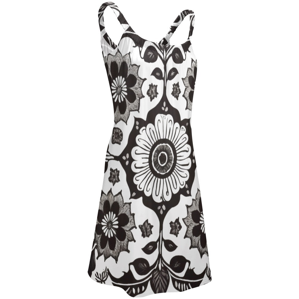 black and white floral beach dress with straps called sunny sling summer skirt