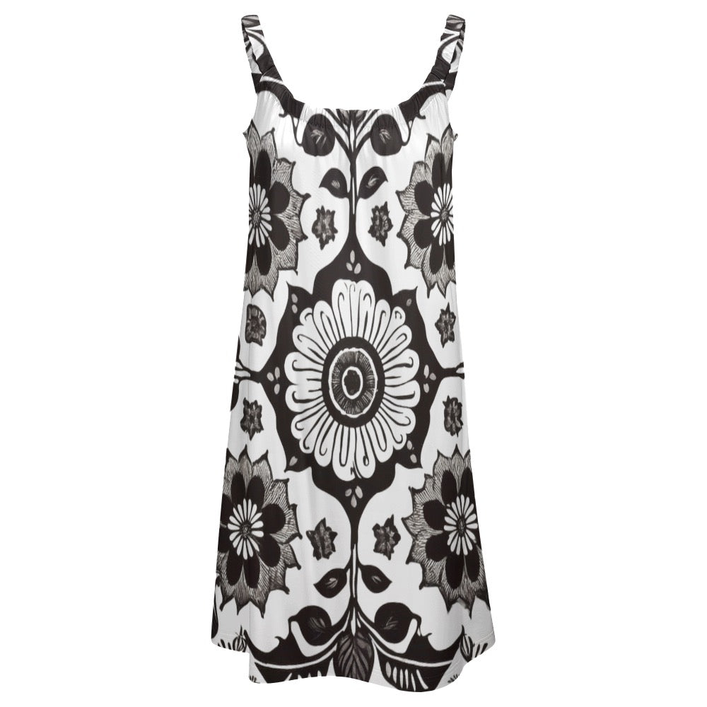  sunny sling summer skirt beach dress with black and white floral pattern and adjustable straps