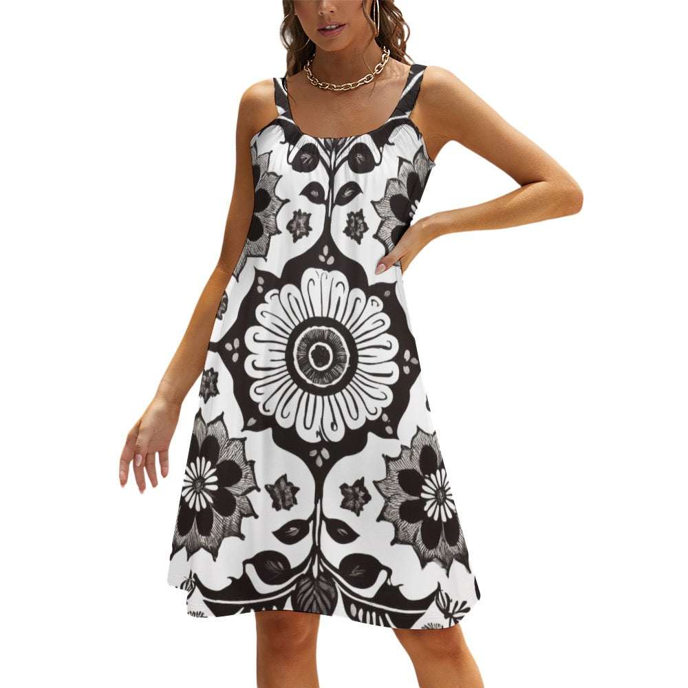  black and white floral sunny sling summer skirt beach dress with sleeveless straps