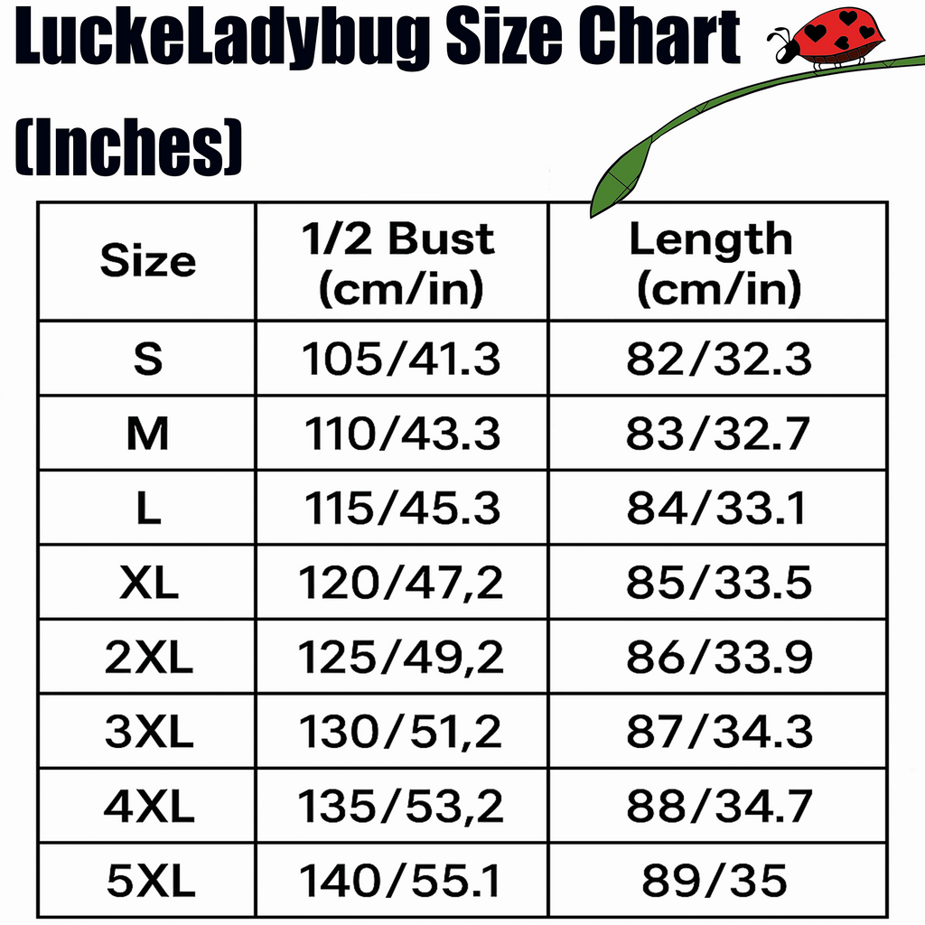LuckeLadybug size chart in inches showing bust and length measurements for sizes S to 5XL