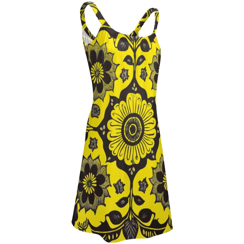 yellow and black floral beach dress with sunny sling summer skirt design and straps