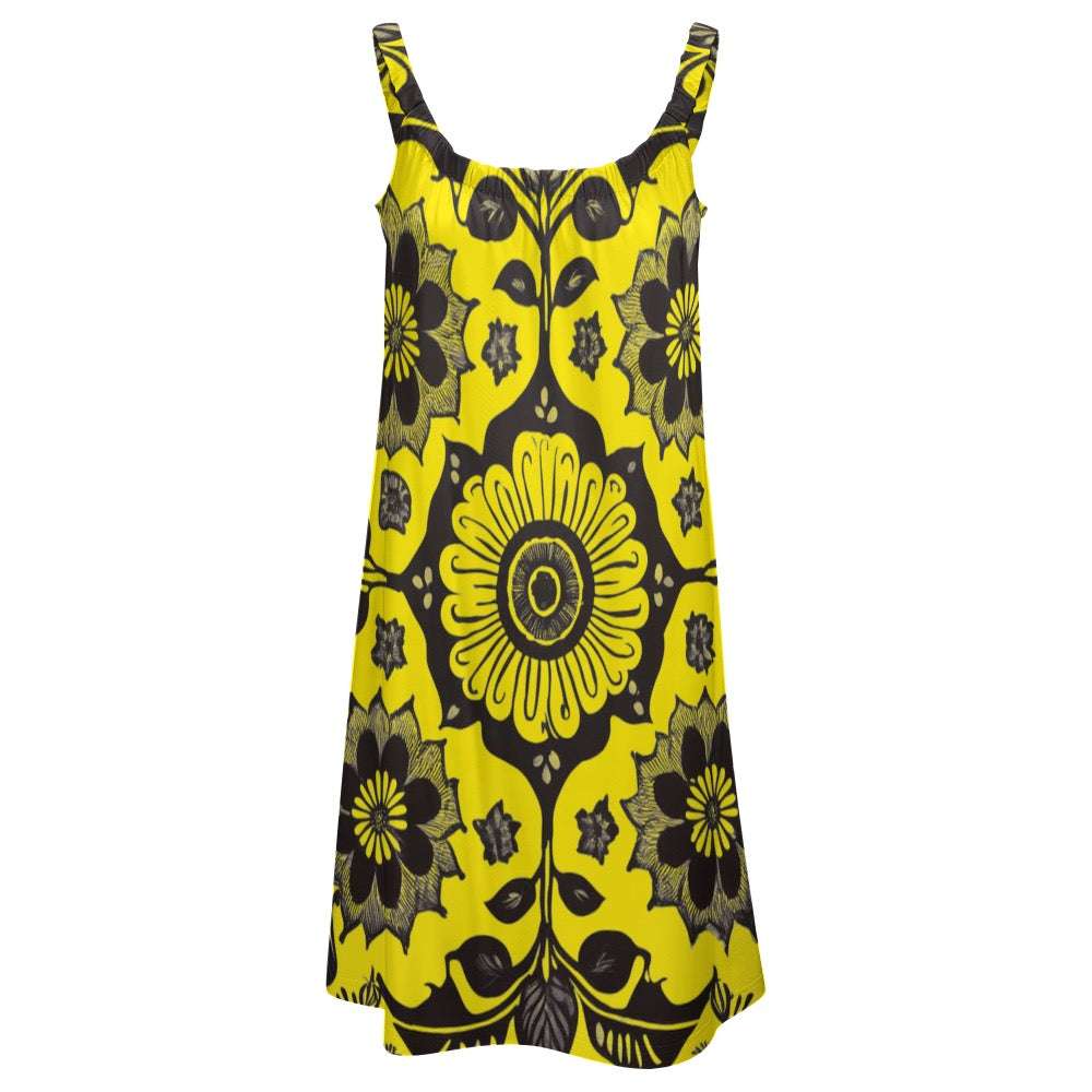 Yellow and black floral print sunny sling summer skirt beach dress with sleeveless design