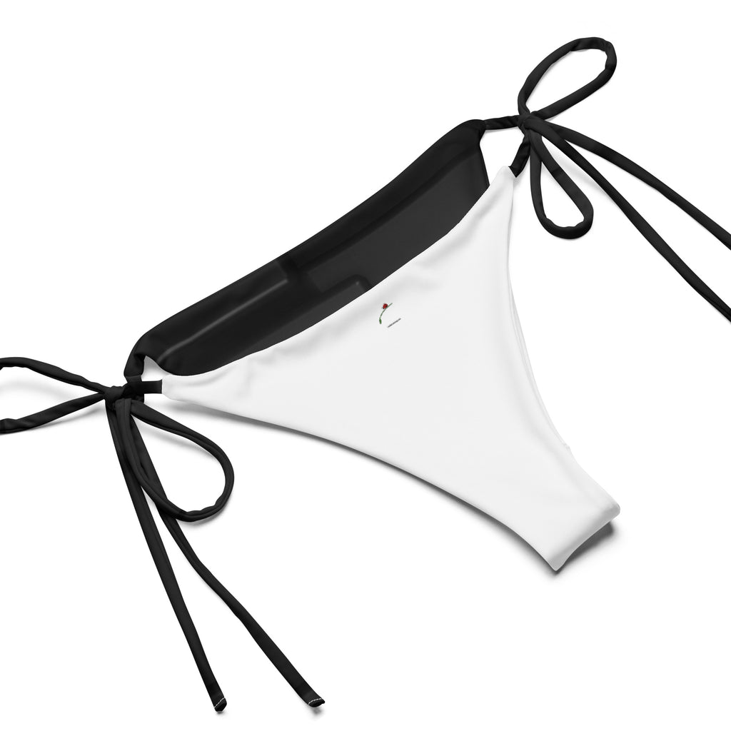 sustainable black string bikini bottom with adjustable side ties in black and white