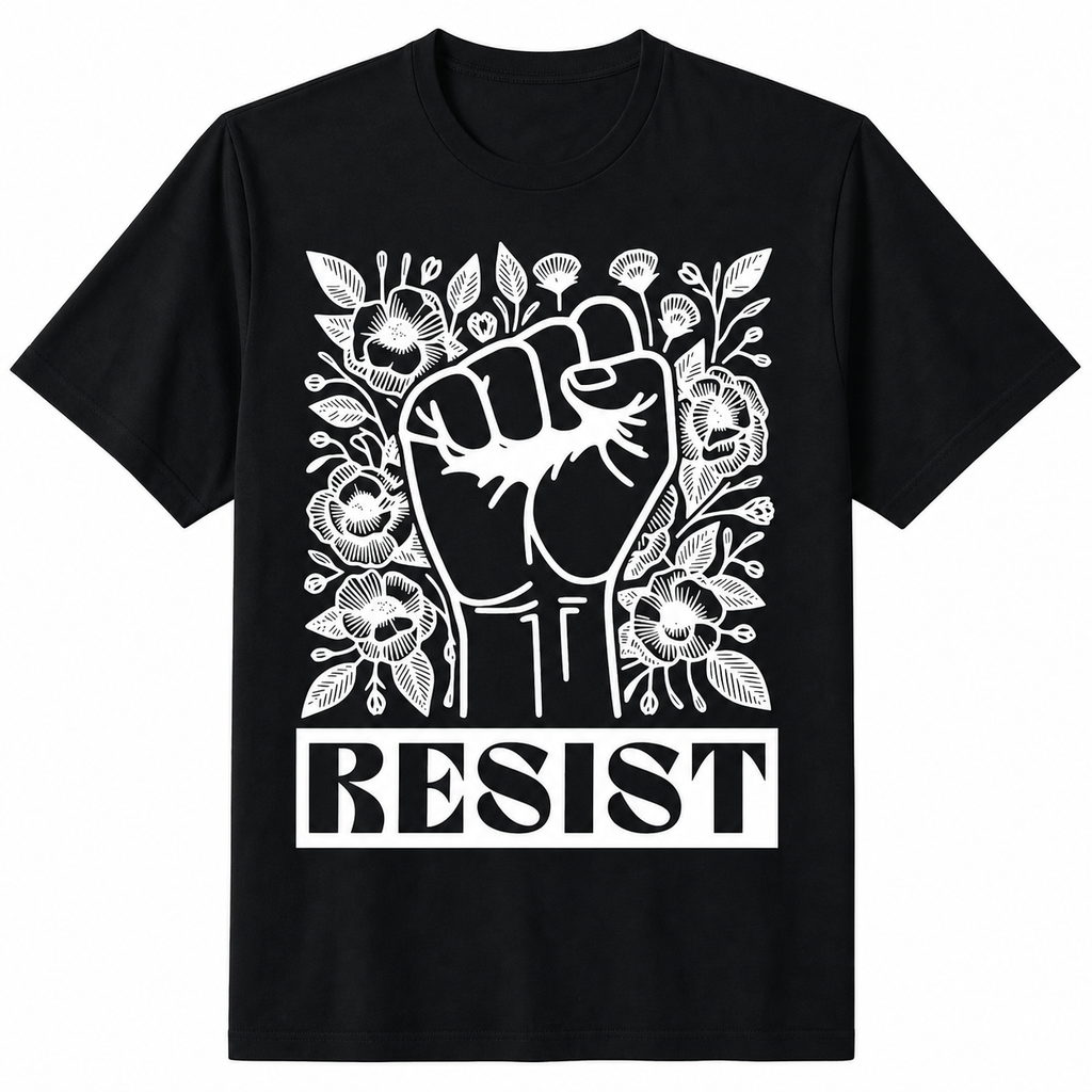 LuckeLadybug LLC black t shirt floral with RESIST graphic and floral design