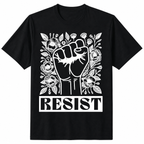 LuckeLadybug LLC black t shirt floral with RESIST graphic and floral design