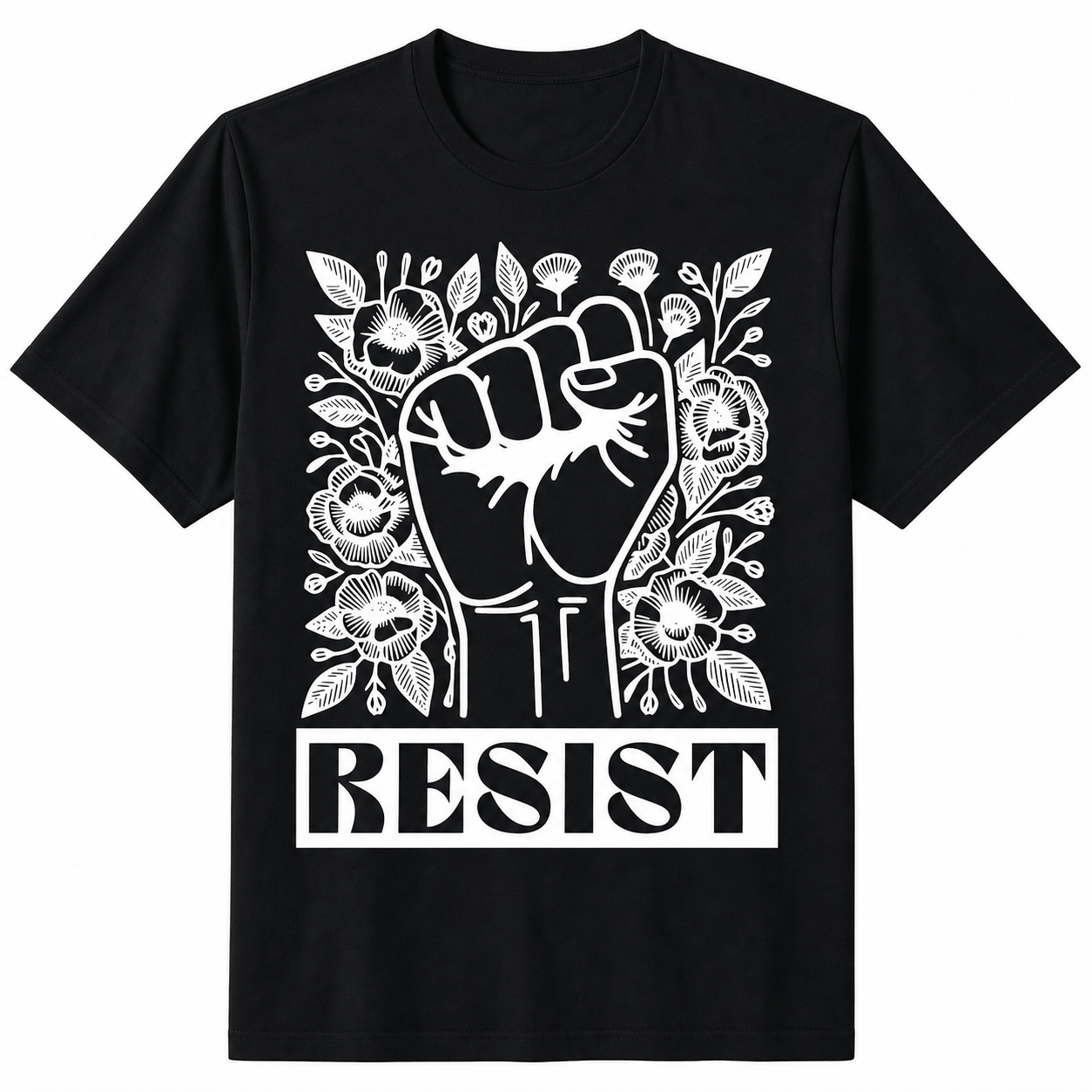LuckeLadybug LLC black t shirt floral with RESIST graphic and floral design