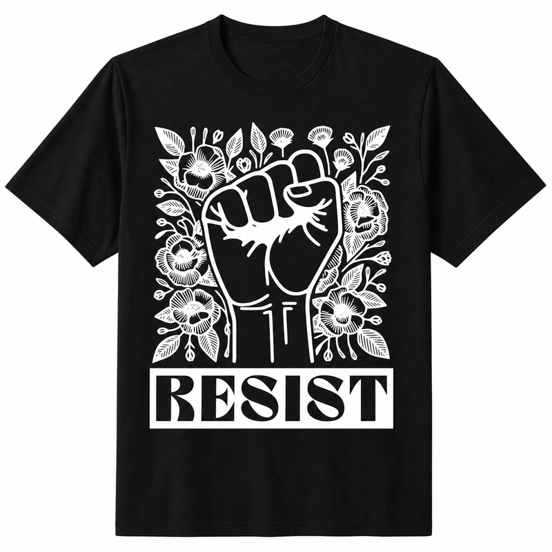 LuckeLadybug LLC black t shirt floral with RESIST graphic and floral design