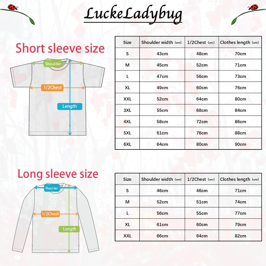 LuckeLadybug T-shirt floral size chart with measurements for short and long sleeve options