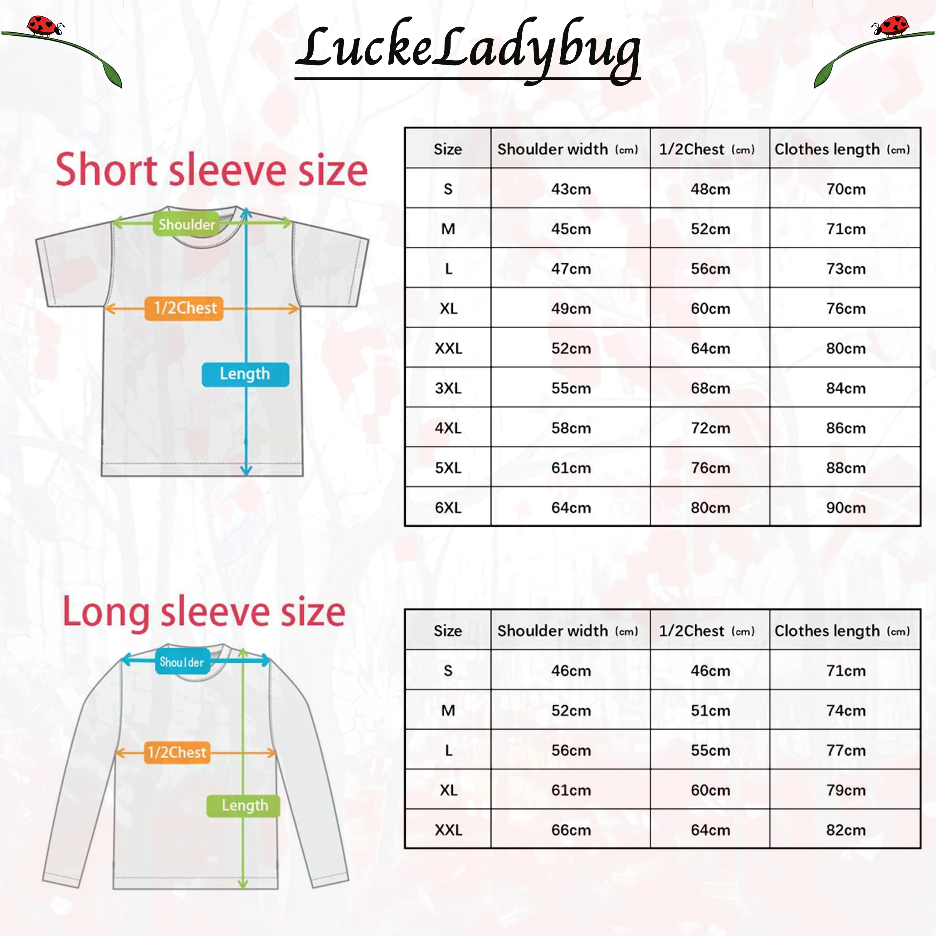 LuckeLadybug T-shirt floral size chart with measurements for short and long sleeve options