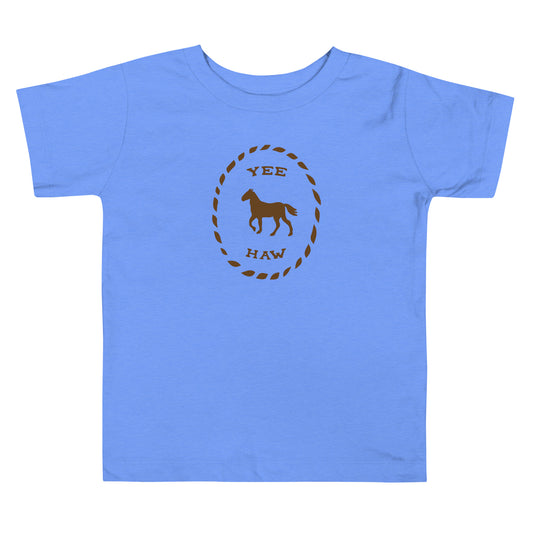 LuckeLadybug toddler western horse t shirt in blue with horse and yee haw design