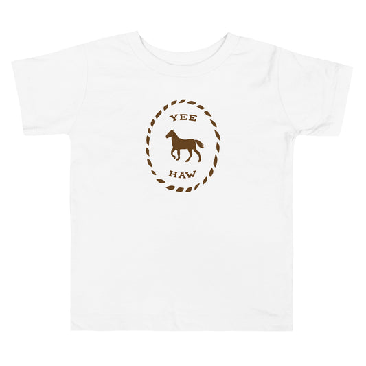 LuckeLadybug toddler western horse t shirt in white with brown horse and Yee Haw design