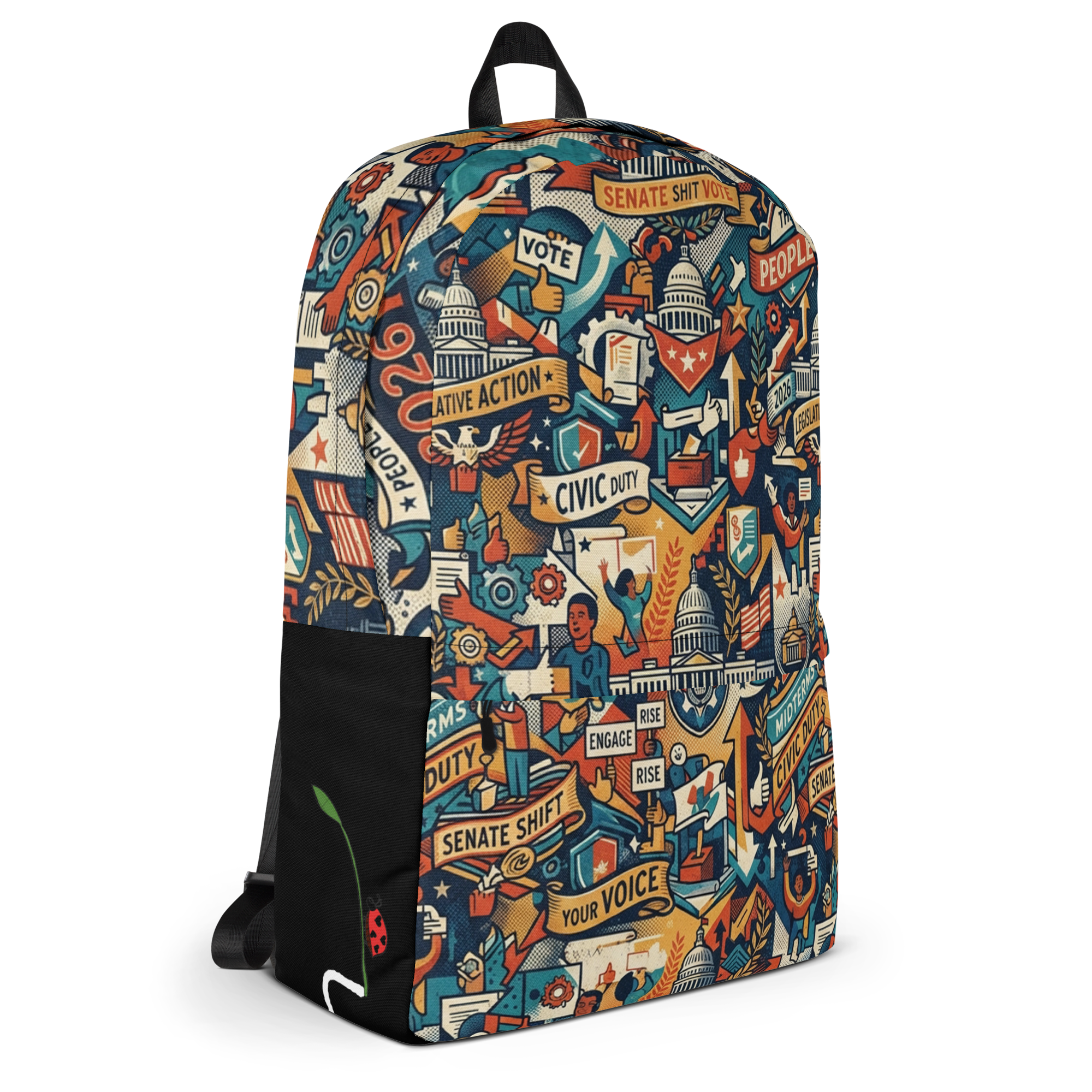 LuckeLadybug travel bag with colorful civic engagement design and spacious compartments for essentials