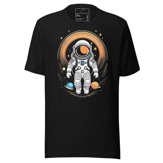Black LuckeLadybug trendy astronaut tee men with colorful space graphic and planets