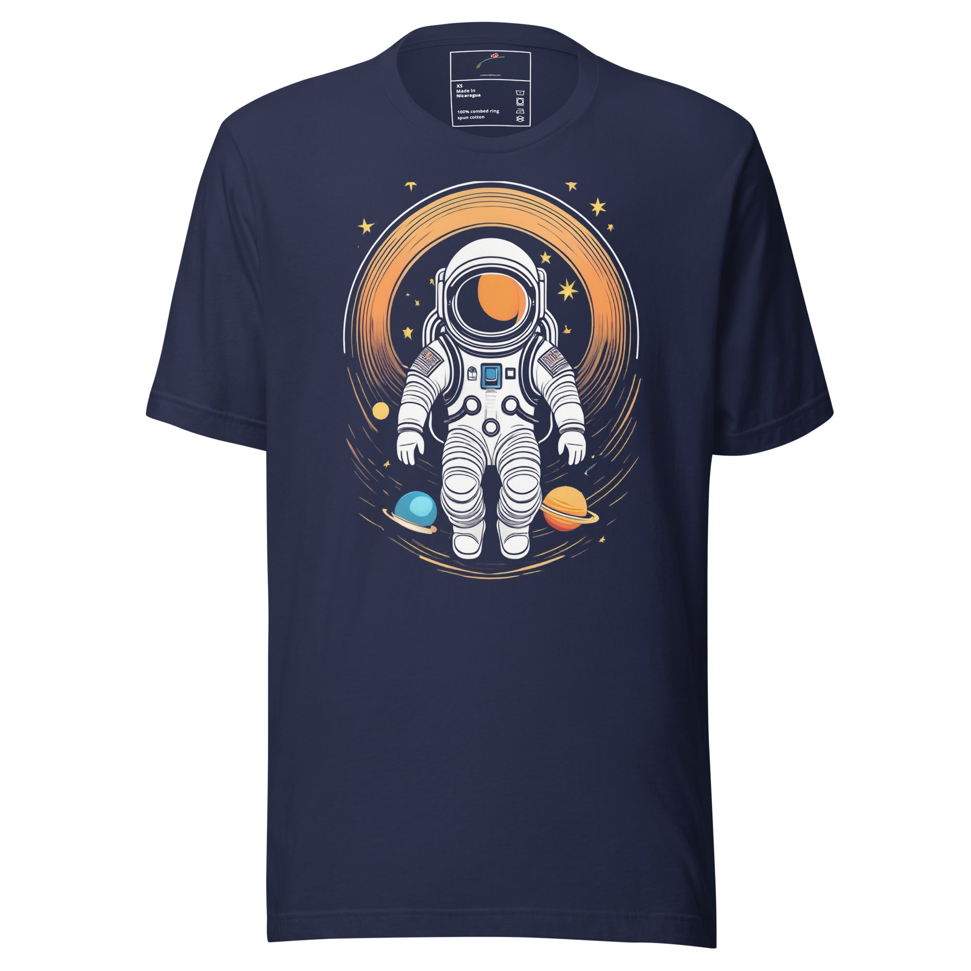 LuckeLadybug trendy astronaut tee men with astronaut graphic and planetary design on navy blue shirt