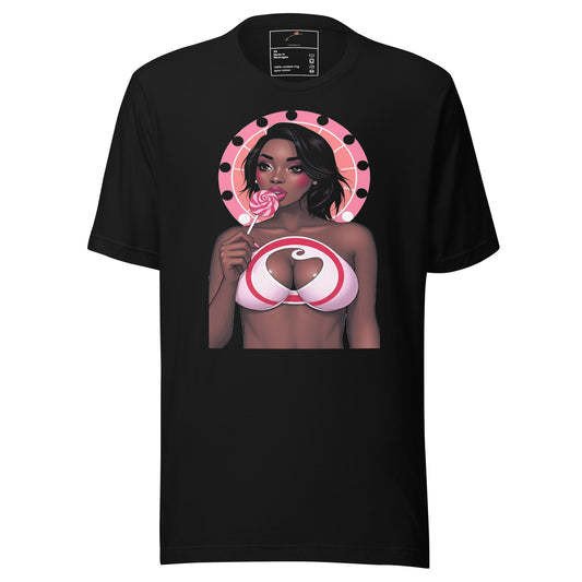 Black Printful trendy fashion t-shirt featuring a woman with a lollipop graphic design
