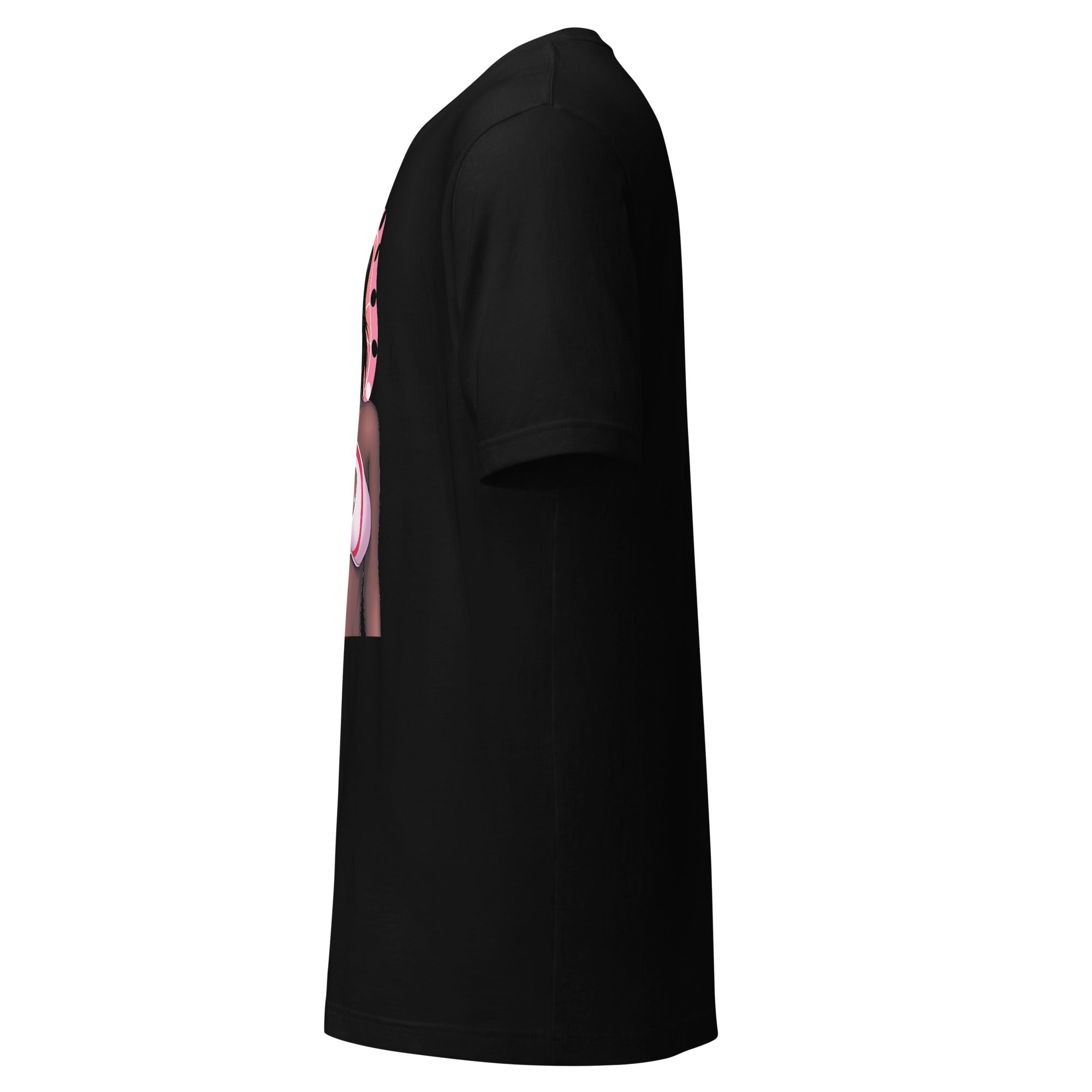 Black trendy fashion t-shirt by Printful with short sleeves and comfortable fit side view
